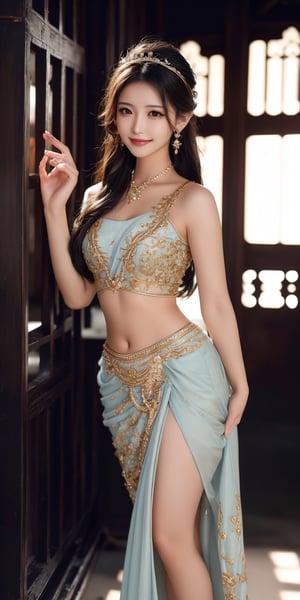A full body photo of beautiful with a realistic Asian's skin colour. There are a few small spots or small moles or small warts scattered on the skin of the body. The big chest is very concentrated and firm. She has light makeup on her face, smiles, and has bright eyes. Nice hands, perfect hands, perfect fingers, eyes looking into the camera, random hairstyles and hair accessories, random photo poses, random face shapes, random clothing colours, random background matching, real photo quality, depth of field, clear background, backlight, 32K resolution, leg open and lift high up.