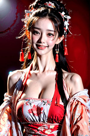 A beautiful Chinese girl with a real Asian yellow skin color. There are a few small spots or small moles or small warts scattered on the skin of the body. The big chest is very concentrated and firm. She has light makeup on her face, smiles, and has bright eyes. , eyes looking into the camera, random hairstyles and hair accessories, random photo poses, random face shapes, random clothing colors, random background matching, real photo quality, depth of field, clear background, backlight, 32K resolution