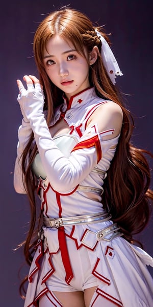 A full body photo of beautiful yuuki asuna wearing white & red colour's guild armor suit with a realistic Asian's skin colour. There are a few small spots or small moles or small warts scattered on the skin of the body. The big chest is very concentrated and firm. She has light makeup on her face, smiles, and has bright eyes. Nice hands, perfect hands, perfect fingers, eyes looking into the camera, random hairstyles and hair accessories, random photo poses, random face shapes, random clothing colours, random background matching, real photo quality, depth of field, clear background, backlight, 32K resolution, leg open and lift high up style at open area battle field, battle pose with stab sword.