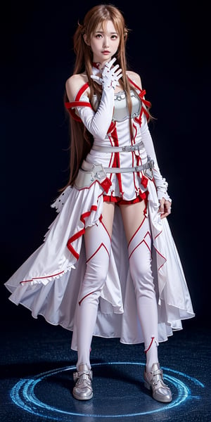 A full body photo of beautiful yuuki asuna wearing white & red colour's guild armor suit with a realistic Asian's skin colour. There are a few small spots or small moles or small warts scattered on the skin of the body. The big chest is very concentrated and firm. She has light makeup on her face, smiles, and has bright eyes. Nice hands, perfect hands, perfect fingers, eyes looking into the camera, random hairstyles and hair accessories, random photo poses, random face shapes, random clothing colours, random background matching, real photo quality, depth of field, clear background, backlight, 32K resolution, leg open and lift high up style at open area battle field, battle pose with stab sword.