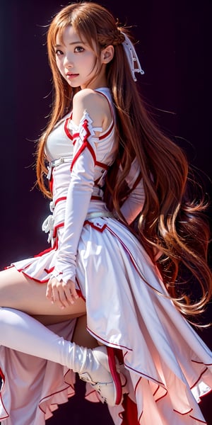 A full body photo of beautiful yuuki asuna wearing white & red colour's guild armor suit with a realistic Asian's skin colour. There are a few small spots or small moles or small warts scattered on the skin of the body. The big chest is very concentrated and firm. She has light makeup on her face, smiles, and has bright eyes. Nice hands, perfect hands, perfect fingers, eyes looking into the camera, random hairstyles and hair accessories, random photo poses, random face shapes, random clothing colours, random background matching, real photo quality, depth of field, clear background, backlight, 32K resolution, leg open and lift high up style at open area battle field, battle pose with stab sword.