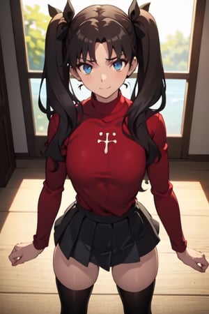 tohsaka rin, cowgirl position, straddling, 1girl, (1boy: 1.2), eyelashes, dark brown hair, long hair, twintails, hair behind twintails, two side up, blue eyes, medium breasts, ass, butt crack, wide hips, narrow shoulders, long legs, smooth skin, slender, skinny, hanging breasts, skinny waist, blushing,
anal, penis, solo focus, dark-skinned male, erection, nude ass, ass, anus, girl on top, looking at viewer, sex, hetero, fuck, interracial, 
strip tease, presenting, (pov: 1.2), arched back, aligned with viewer,
hair ribbon, red shirt, red turtleneck, long sleeves, pleated skirt, black skirt, black thighhighs, :), taut shirt, closed smile,
school desk,