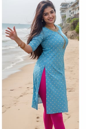 curvy thick Indian young beautiful 18years Indian teen, slim body, nice curves, cotton fabric Indian blue kurti, indian kurti, cotton tight red leggings, outdoor,  COOL WEATHER, standing near beach, seaside, photorealistic, lusty smile on face, flirting face, big boobs, five_fingers, infulencer, model , 