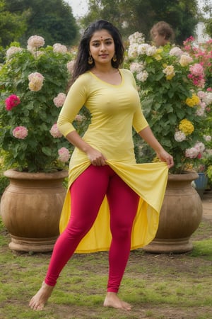 cute curvy Indian woman, beautiful. , real photo, Woman's Appearance: Cute, curvy, attractive Indian woman with a perfect figure, long open hair.
Attire: fully rain wet cotton fabric yellow round neck kurti,with red plain red cotton leggings. side pose
Setting: Garden environment with beautiful flower pots behind. 
Action: The woman is lifting up her kurti to reveal her side hips leggings. standing on field and 
Photo Style: Realistic, 4K quality, detailed portrayal of the garden setting and the woman's confident actions., photo, big boobs, 