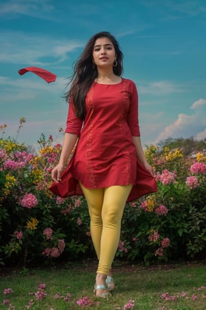 cute curvy short height Indian young cute actress, long hair, cute young face, wearing cotton fabric red plain round neck  kurti and lite yellow leggings, standing , clear blue sky and pink flowers garden , side curvy pose hips visible kurti flying in heavy air, thunderstorm 