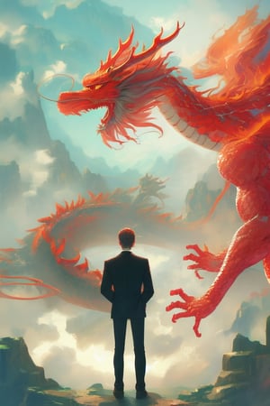 a man standing in front of a dragon