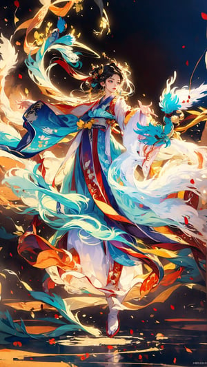 masterpiece, top quality, best quality, official art, beautiful and aesthetic:1.2), (1girl:1.9), purple-blue color long hair, ((multi-colored hanfu fashion)), wind blows, chinese dragon, golden line, (red theme:1.3), ultra-high quality, photorealistic, sky background, dynamic pose, icemagicAI