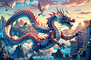 an ancient chinese dragon, full body dragon flying, photo, stunning fantasy world background,ancient chinese dragon