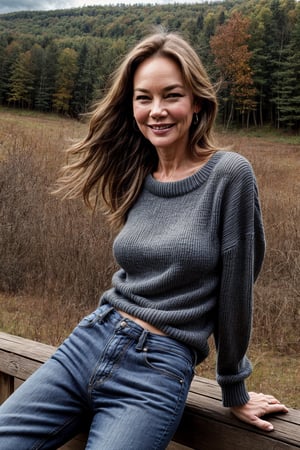 Photorealistic, young Diane Lane, facial portrait, sexy stare, smirked, black top sweater, blue jeans, Spreading legs, smiling, next to a cottage, forest behind, cloudy sky, 
