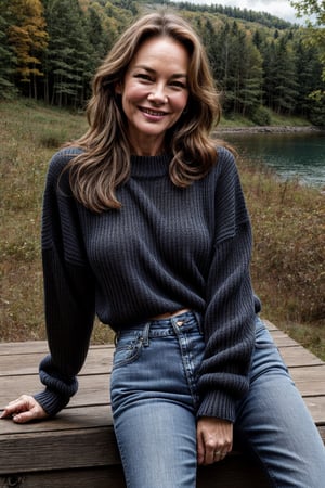 Photorealistic, young Diane Lane, facial portrait, sexy stare, smirked, black top sweater, blue jeans, Spreading legs, smiling, next to a cottage, forest behind, cloudy sky, 