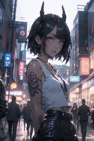 1girl, short black hair, red eyes, lascivious look, devil horns, tiny_girl, look at viewer, open arms, white clothes, tattoo, in midnight, sky, city cafe, mid body