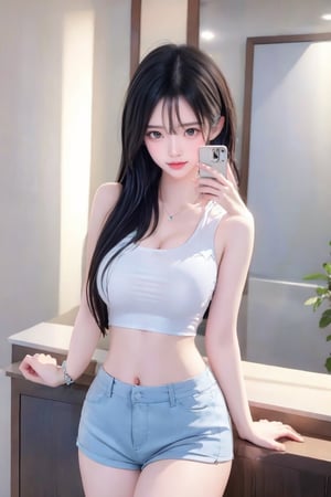 (Masterpiece, Top Quality, Best Quality, Official Art, Beauty & Aesthetics: 1.2), hdr, high contrast, wide angle lens, photorealistic, 1girl, solo, long hair, smile, black hair, holding, jewelry, shorts, sleeveless, midriff, indoors, bracelet, phone, cellphone, smartphone, holding phone, mirror, realistic, selfie,slingshot,Beautiful Indonesian girls 
