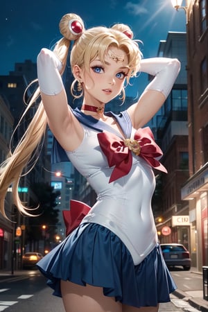 masterpiece, best quality,ultra-detailed face,perfect face, beautiful face,perfect eyes, more detail XL,oblique angle, arms up behind, 
1girl,aausagi, double bun, twintails, parted bangs, solo, standing,medium breasts, mature female,glamorous,embarassed,parted lips,(sweat:0.8),
circlet, jewelry, earrings, choker, red bow, white gloves, elbow gloves, blue skirt, , standing, cowboy shot, night, outdoors, full moon, smile, city,
moody lighting,blush,
anime,aausagi,sailor moon,moon_a