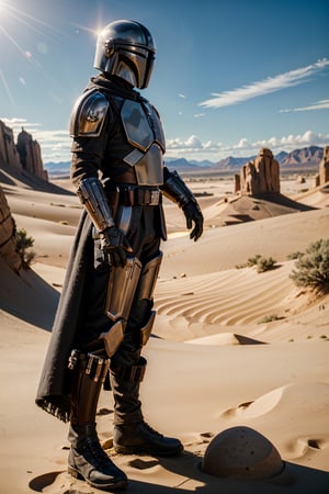 ((ultra detailed, masterpiece, absurdres)), lora:StarWMandalorian:0.9, StarWMandalorian, 1boy, no face, helmet, gloves, armor, rocks, science fiction, planet, desert,StarWMandalorian