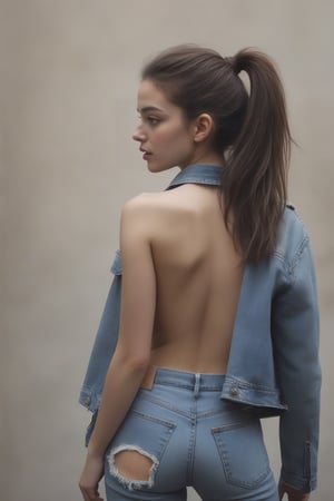 a 20 years old beautiful and aesthetic woman, (long straight dark brown hair ponytail) wind dark theme, 
open (wide open ripped distressed jeans jacket:1.5), over (naked body:1.7),
slender, fit body, 
(view from back, view from below), (perfect bauu view:1.5), 
soothing tones, muted colors, high contrast, 
(natural skin texture, hyperrealism, dramatic light, sharp) artistic photoshoot,Masterpiece,nude