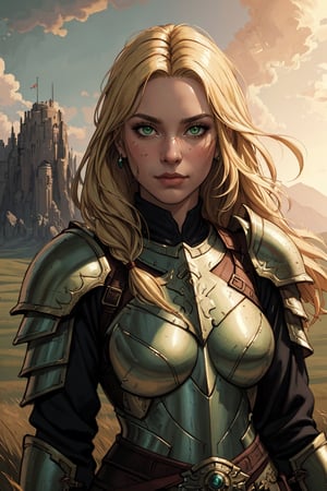 (masterpiece, highest quality, illustration), fantasy, epic, close-up, portrait, solo, woman, warrior, long blonde hair, green eyes, armor, facing the viewer, standing, plains, cinematic lighting