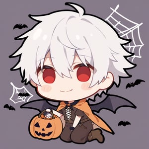 1boy, boy, solo, (silver hair,) short hair, (hair between eyes), red eyes, solo, smile, halloween outfit, brown boots, bats, cobweb, (chibi,), blush,,, (simple halloween background), (eye highlight)