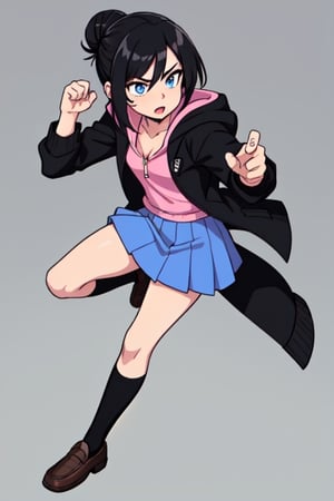 Create Serina Salamin from Epithet Erased, 19 year old with black hair, blue eyes, an open black  jacket, pink tank, blue skirt, one girl, black hoodie, no jewlewy, fighting pose, Epithet erased, hair in a bun, full body, brown loafers

