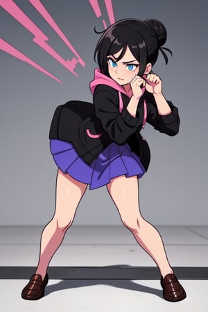 Create Serina Salamin from Epithet Erased, 19 year old with black hair, blue eyes, an open black  jacket, pink tank, blue skirt, one girl, black hoodie, no jewlewy, fighting pose, Epithet erased, hair in a bun, full body, brown loafers
