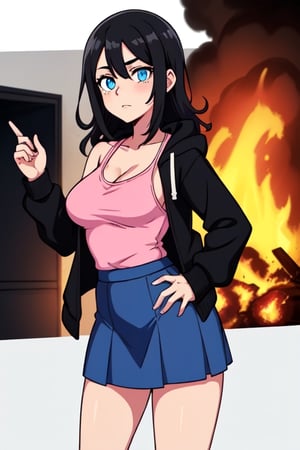 Create Serina Salamin from Epithet Erased, with black hair, blue eyes, an open black  jacket, pink tank, blue skirt, one girl, black hoodie, no jewlery,  Arson in the background

