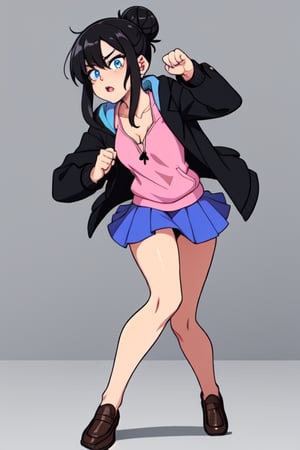 Create Serina Salamin from Epithet Erased, 19 year old with black hair, blue eyes, an open black  jacket, pink tank, blue skirt, one girl, black hoodie, no jewlewy, fighting pose, Epithet erased, hair in a bun, full body, brown loafers
