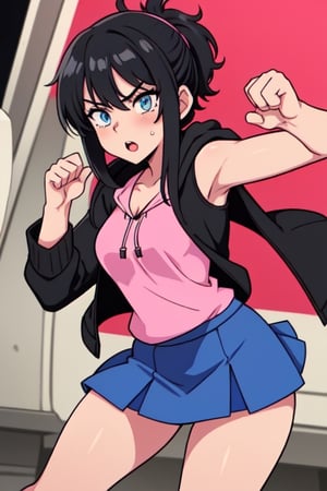 Create Serina Salamin from Epithet Erased, 19 year old with black hair, blue eyes, an open black  jacket, pink tank, blue skirt, one girl, black hoodie, no jewlewy, fighting pose, Epithet erased
