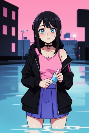 Create Serina Salamin from Epithet Erased, with black hair, blue eyes, an open black  jacket, pink tank, blue skirt, one girl, black hoodie, no choker, manipulating water with her hands,  sweet jazz city background

