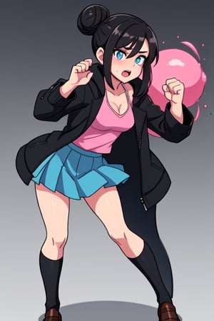 Create Serina Salamin from Epithet Erased, 19 year old with black hair, blue eyes, an open black  jacket, pink tank, blue skirt, one girl, black hoodie, no jewlewy, fighting pose, Epithet erased, hair in a bun, full body, brown loafers
