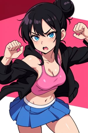 Create Serina Salamin from Epithet Erased, 19 year old with black hair, blue eyes, an open black  jacket, pink tank, blue skirt, one girl, black hoodie, no jewlewy, fighting pose, Epithet erased, hair in a bun 
