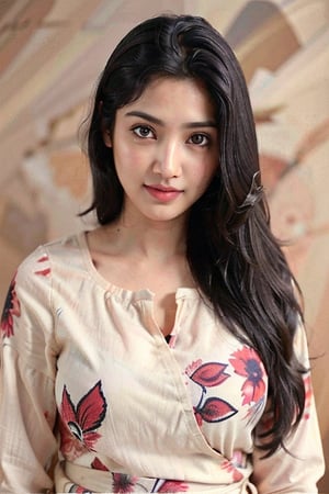 Generate an image of a young girl with long dark hair, large expressive eyes, and a soft, clear complexion. She should be wearing a light floral-patterned blouse and have a calm, neutral expression. The background should be simple and neutral to keep the focus on her face."
