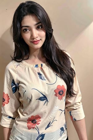 Generate an image of a young boy with long dark hair, large expressive eyes, and a soft, clear complexion. She should be wearing a light floral-patterned blouse and have a calm, neutral expression. The background should be simple and neutral to keep the focus on her face."
