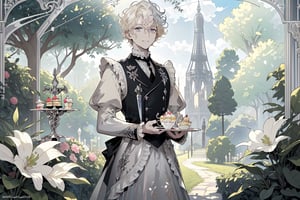 Official Art, Unity 8K Wallpaper, Extreme Detailed, Beautiful and Aesthetic, Masterpiece, Top Quality, perfect anatomy, MALE, (male:1.5), gentle expression, gentle smile 

light blonde haired male (light_blonde_hair:1.5), (short_curly_platinum_blonde_hair:1.5) long bangs with gray eyes (gray_eyes:1.5), black clothing, dark, elegant, victorian clothing, puffy sleeves, lace, ruffles, ribbon, tea party, garden party, garden, desserts, pastries, dessert tower, (dessert_tower:1.5), tea cups, silverware, silver dagger, (silver_dagger:1.5), cakes, flowers, colorful flowers, (colorful_flowers:1.3), parasol

concept art, (best illustration), vivid colours, contrast, smooth, sharp focus, scenery, outside, sun_shining, sun, blue sky, lush garden, overgrown, outside in a garden, tea party, trees

masterpiece, midjourney, best quality, high detail eyes,More Detail,portrait,1guy,pastelbg,Add more details,Rococo style