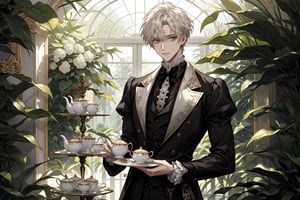 In this breathtaking masterpiece of concept art, a light blonde-haired male with medium length, curly platinum blonde hair and long bangs gazes out with gentle, gray eyes. He dons elegant, Victorian-inspired black clothing with puffy sleeves, lace, ruffles, and a ribbon, as if attending a whimsical tea party or garden soiree. A stunning dessert tower rises behind him, adorned with colorful flowers and teacups on delicate silverware. The scene unfolds amidst a lush, overgrown garden filled with vibrant flora, set against the warm glow of a sunny day, with the greenhouse's glass walls reflecting the beauty within.