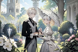 Official Art, Unity 8K Wallpaper, Extreme Detailed, Beautiful and Aesthetic, Masterpiece, Top Quality, perfect anatomy, MALE, (male:1.5), gentle expression, gentle smile 

light blonde haired male (light_blonde_hair:1.5), (short_curly_platinum_blonde_hair:1.5) long bangs with gray eyes (gray_eyes:1.5), black clothing, dark, elegant, victorian clothing, puffy sleeves, lace, ruffles, ribbon, tea party, garden party, garden, desserts, pastries, dessert tower, (dessert_tower:1.5), tea cups, silverware, silver dagger, (silver_dagger:1.5), cakes, flowers, colorful flowers, (colorful_flowers:1.3), parasol

concept art, (best illustration), vivid colours, contrast, smooth, sharp focus, scenery, outside, sun_shining, sun, blue sky, lush garden, overgrown, outside in a garden, tea party, trees

masterpiece, midjourney, best quality, high detail eyes,More Detail,portrait,1guy,pastelbg,Add more details,Rococo style