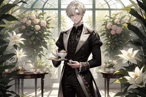 In this breathtaking masterpiece of concept art, a light blonde-haired male with medium length, curly platinum blonde hair and long bangs gazes out with gentle, gray eyes. He dons elegant, Victorian-inspired black clothing with puffy sleeves, lace, ruffles, and a ribbon, as if attending a whimsical tea party or garden soiree. A stunning dessert tower rises behind him, adorned with colorful flowers and teacups on delicate silverware. The scene unfolds amidst a lush, overgrown garden filled with vibrant flora, set against the warm glow of a sunny day, with the greenhouse's glass walls reflecting the beauty within.