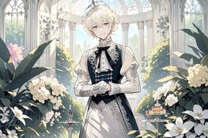 Official Art, Unity 8K Wallpaper, Extreme Detailed, Beautiful and Aesthetic, Masterpiece, Top Quality, perfect anatomy, MALE, (male:1.5), gentle expression, gentle smile 

light blonde haired male (light_blonde_hair:1.5), (short_curly_platinum_blonde_hair:1.5) long bangs with gray eyes (gray_eyes:1.5), black clothing, dark, elegant, victorian clothing, puffy sleeves, lace, ruffles, ribbon, tea party, garden party, garden, desserts, pastries, dessert tower, (dessert_tower:1.5), tea cups, silverware, silver dagger, (silver_dagger:1.5), cakes, flowers, colorful flowers, (colorful_flowers:1.3)

concept art, (best illustration), vivid colours, contrast, smooth, sharp focus, scenery, outside, sun_shining, sun, blue sky, greenhouse, lush garden, overgrown, outside in a garden, tea party, trees

masterpiece, midjourney, best quality, high detail eyes,More Detail,portrait,1guy,pastelbg,Add more details