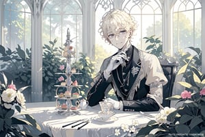 Official Art, Unity 8K Wallpaper, Extreme Detailed, Beautiful and Aesthetic, Masterpiece, Top Quality, perfect anatomy, MALE, (male:1.5), gentle expression, gentle smile 

light blonde haired male (light_blonde_hair:1.5), (short_curly_platinum_blonde_hair:1.5) long bangs with gray eyes (gray_eyes:1.5), black clothing, dark, elegant, victorian clothing, puffy sleeves, lace, ruffles, ribbon, tea party, garden party, garden, desserts, pastries, dessert tower, (dessert_tower:1.5), tea cups, silverware, silver dagger, (silver_dagger:1.5), cakes, flowers, colorful flowers, (colorful_flowers:1.3)

concept art, (best illustration), vivid colours, contrast, smooth, sharp focus, scenery, outside, sun_shining, sun, blue sky, greenhouse, lush garden, overgrown, outside in a garden, tea party, trees

masterpiece, midjourney, best quality, high detail eyes,More Detail,portrait,1guy,pastelbg,Add more details
