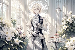 Official Art, Unity 8K Wallpaper, Extreme Detailed, Beautiful and Aesthetic, Masterpiece, Top Quality, perfect anatomy, MALE, (male:1.5), gentle expression, gentle smile 

light blonde haired male (light_blonde_hair:1.5), (short_curly_platinum_blonde_hair:1.5) long bangs with gray eyes (gray_eyes:1.5), black clothing, dark, elegant, victorian clothing, puffy sleeves, lace, ruffles, ribbon, tea party, garden party, garden, desserts, pastries, dessert tower, (dessert_tower:1.5), tea cups, silverware, silver dagger, (silver_dagger:1.5), cakes, flowers, colorful flowers, (colorful_flowers:1.3)

concept art, (best illustration), vivid colours, contrast, smooth, sharp focus, scenery, outside, sun_shining, sun, blue sky, greenhouse, lush garden, overgrown, outside in a garden, tea party, trees

masterpiece, midjourney, best quality, high detail eyes,More Detail,portrait,1guy,pastelbg,Add more details