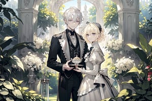 Official Art, Unity 8K Wallpaper, Extreme Detailed, Beautiful and Aesthetic, Masterpiece, Top Quality, perfect anatomy, MALE, (male:1.5), gentle expression, gentle smile 

light blonde haired male (light_blonde_hair:1.5), (short_curly_platinum_blonde_hair:1.5) long bangs with gray eyes (gray_eyes:1.5), black clothing, dark, elegant, victorian clothing, puffy sleeves, lace, ruffles, ribbon, tea party, garden party, garden, desserts, pastries, dessert tower, (dessert_tower:1.5), tea cups, silverware, silver dagger, (silver_dagger:1.5), cakes, flowers, colorful flowers, (colorful_flowers:1.3)

concept art, (best illustration), vivid colours, contrast, smooth, sharp focus, scenery, outside, sun_shining, sun, blue sky, greenhouse, lush garden, overgrown, outside in a garden, tea party, trees

masterpiece, midjourney, best quality, high detail eyes,More Detail,portrait,1guy,pastelbg,Add more details,Rococo style