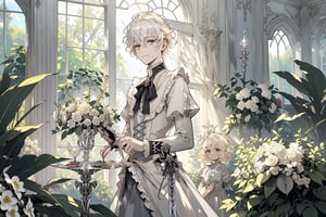 Official Art, Unity 8K Wallpaper, Extreme Detailed, Beautiful and Aesthetic, Masterpiece, Top Quality, perfect anatomy, MALE, (male:1.5), gentle expression, gentle smile 

light blonde haired male (light_blonde_hair:1.5), (short_curly_platinum_blonde_hair:1.5) long bangs with gray eyes (gray_eyes:1.5), black clothing, dark, elegant, victorian clothing, puffy sleeves, lace, ruffles, ribbon, tea party, garden party, garden, desserts, pastries, dessert tower, (dessert_tower:1.5), tea cups, silverware, silver dagger, (silver_dagger:1.5), cakes, flowers, colorful flowers, (colorful_flowers:1.3)

concept art, (best illustration), vivid colours, contrast, smooth, sharp focus, scenery, outside, sun_shining, sun, blue sky, greenhouse, lush garden, overgrown, outside in a garden, tea party, trees

masterpiece, midjourney, best quality, high detail eyes,More Detail,portrait,1guy,pastelbg,Add more details,Rococo style