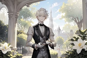 Official Art, Unity 8K Wallpaper, Extreme Detailed, Beautiful and Aesthetic, Masterpiece, Top Quality, perfect anatomy, MALE, (male:1.5), gentle expression, gentle smile 

light blonde haired male (light_blonde_hair:1.5), (short_curly_platinum_blonde_hair:1.5) long bangs with gray eyes (gray_eyes:1.5), black clothing, dark, elegant, victorian clothing, puffy sleeves, lace, ruffles, ribbon, tea party, garden party, garden, desserts, pastries, dessert tower, (dessert_tower:1.5), tea cups, silverware, silver dagger, (silver_dagger:1.5), cakes, flowers, colorful flowers, (colorful_flowers:1.3), parasol

concept art, (best illustration), vivid colours, contrast, smooth, sharp focus, scenery, outside, sun_shining, sun, blue sky, lush garden, overgrown, outside in a garden, tea party, trees

masterpiece, midjourney, best quality, high detail eyes,More Detail,portrait,1guy,pastelbg,Add more details,Rococo style