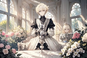 Official Art, Unity 8K Wallpaper, Extreme Detailed, Beautiful and Aesthetic, Masterpiece, Top Quality, perfect anatomy, MALE, (male:1.5), gentle expression, gentle smile 

light blonde haired male (light_blonde_hair:1.5), (short_curly_platinum_blonde_hair:1.5) long bangs with gray eyes (gray_eyes:1.5), black clothing, dark, elegant, victorian clothing, puffy sleeves, lace, ruffles, ribbon, tea party, garden party, garden, desserts, pastries, dessert tower, (dessert_tower:1.5), tea cups, silverware, silver dagger, (silver_dagger:1.5), cakes, flowers, colorful flowers, (colorful_flowers:1.3)

concept art, (best illustration), vivid colours, contrast, smooth, sharp focus, scenery, outside, sun_shining, sun, blue sky, greenhouse, lush garden, overgrown, outside in a garden, tea party, trees

masterpiece, midjourney, best quality, high detail eyes,More Detail,portrait,1guy,pastelbg,Add more details,Rococo style