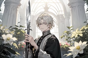 Official Art, Unity 8K Wallpaper, Extreme Detailed, Beautiful and Aesthetic, Masterpiece, Top Quality, perfect anatomy, MALE, (male:1.5), gentle expression, 

light blonde haired male (light_blonde_hair:1.5), (short_curly_platinum_blonde_hair:1.5) long bangs with gray eyes (gray_eyes:1.5), black clothing, dark, elegant, victorian clothing, puffy sleeves, lace, ruffles, ribbon, tea party, garden party, garden, desserts, pastries, dessert tower, (dessert_tower:1.5), tea cups, silverware, silver dagger, (silver_dagger:1.5), cakes, flowers, colorful flowers, (colorful_flowers:1.3)

concept art, (best illustration), vivid colours, contrast, smooth, sharp focus, scenery, outside, sun_shining, sun, blue sky, greenhouse, lush garden, overgrown, outside in a garden, tea party, trees

masterpiece, midjourney, best quality, high detail eyes,More Detail,portrait,1guy,