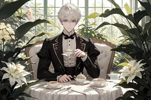 In this breathtaking masterpiece of concept art, a light blonde-haired male with short, curly platinum blonde hair and long bangs gazes out with gentle, gray eyes. He dons elegant, Victorian-inspired black clothing with puffy sleeves, lace, ruffles, and a ribbon, as if attending a whimsical tea party or garden soiree. A stunning dessert tower rises behind him, adorned with colorful flowers and teacups on delicate silverware. The scene unfolds amidst a lush, overgrown garden filled with vibrant flora, set against the warm glow of a sunny day, with the greenhouse's glass walls reflecting the beauty within.