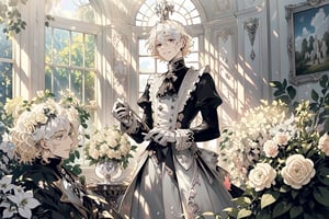 Official Art, Unity 8K Wallpaper, Extreme Detailed, Beautiful and Aesthetic, Masterpiece, Top Quality, perfect anatomy, MALE, (male:1.5), gentle expression, gentle smile 

light blonde haired male (light_blonde_hair:1.5), (short_curly_platinum_blonde_hair:1.5) long bangs with gray eyes (gray_eyes:1.5), black clothing, dark, elegant, victorian clothing, puffy sleeves, lace, ruffles, ribbon, tea party, garden party, garden, desserts, pastries, dessert tower, (dessert_tower:1.5), tea cups, silverware, silver dagger, (silver_dagger:1.5), cakes, flowers, colorful flowers, (colorful_flowers:1.3)

concept art, (best illustration), vivid colours, contrast, smooth, sharp focus, scenery, outside, sun_shining, sun, blue sky, greenhouse, lush garden, overgrown, outside in a garden, tea party, trees

masterpiece, midjourney, best quality, high detail eyes,More Detail,portrait,1guy,pastelbg,Add more details,Rococo style