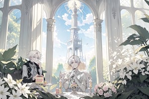 Official Art, Unity 8K Wallpaper, Extreme Detailed, Beautiful and Aesthetic, Masterpiece, Top Quality, perfect anatomy, MALE, (male:1.5), gentle expression, gentle smile 

light blonde haired male (light_blonde_hair:1.5), (short_curly_platinum_blonde_hair:1.5) long bangs with gray eyes (gray_eyes:1.5), black clothing, dark, elegant, victorian clothing, puffy sleeves, lace, ruffles, ribbon, tea party, garden party, garden, desserts, pastries, dessert tower, (dessert_tower:1.5), tea cups, silverware, silver dagger, (silver_dagger:1.5), cakes, flowers, colorful flowers, (colorful_flowers:1.3)

concept art, (best illustration), vivid colours, contrast, smooth, sharp focus, scenery, outside, sun_shining, sun, blue sky, greenhouse, lush garden, overgrown, outside in a garden, tea party, trees

masterpiece, midjourney, best quality, high detail eyes,More Detail,portrait,1guy,pastelbg,Add more details