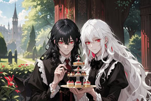 Official Art, Unity 8K Wallpaper, Extreme Detailed, Beautiful and Aesthetic, Masterpiece, Top Quality, perfect anatomy, MALE, (male:1.5), gentle expression, gentle smile, 2guys, 2boys

twin brothers, same height, white haired male (long_curly_white_hair:1.5) long bangs with red eyes (red_eyes:1.5), other male with long, curly black hair, (long_curly_black_hair:1.5), black clothing, dark, elegant, victorian clothing, puffy sleeves, lace, ruffles, ribbon, tea party, garden party, garden, desserts, pastries, dessert tower, (dessert_tower:1.5), tea cups, silverware, silver dagger, cakes, flowers, colorful flowers, (colorful_flowers:1.3), 

concept art, (best illustration), vivid colours, contrast, smooth, sharp focus, scenery, outside, sun_shining, sun, blue sky, lush garden, overgrown, outside in a garden, tea party, trees

masterpiece, midjourney, best quality, high detail eyes,More Detail,portrait,1guy,pastelbg,Add more details