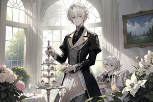Official Art, Unity 8K Wallpaper, Extreme Detailed, Beautiful and Aesthetic, Masterpiece, Top Quality, perfect anatomy, MALE, (male:1.5), gentle expression, gentle smile 

light blonde haired male (light_blonde_hair:1.5), (short_curly_platinum_blonde_hair:1.5) long bangs with gray eyes (gray_eyes:1.5), black clothing, dark, elegant, victorian clothing, puffy sleeves, lace, ruffles, ribbon, tea party, garden party, garden, desserts, pastries, dessert tower, (dessert_tower:1.5), tea cups, silverware, silver dagger, (silver_dagger:1.5), cakes, flowers, colorful flowers, (colorful_flowers:1.3)

concept art, (best illustration), vivid colours, contrast, smooth, sharp focus, scenery, outside, sun_shining, sun, blue sky, greenhouse, lush garden, overgrown, outside in a garden, tea party, trees

masterpiece, midjourney, best quality, high detail eyes,More Detail,portrait,1guy,pastelbg