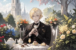 Official Art, Unity 8K Wallpaper, Extreme Detailed, Beautiful and Aesthetic, Masterpiece, Top Quality, perfect anatomy, MALE, (male:1.5) 

light blonde haired male (light_blonde_hair:1.5), (short_curly_platinum_blonde_hair:1.5) long bangs with gray eyes (gray_eyes:1.5), black clothing, dark, elegant, victorian clothing, lace, ruffles, ribbon, tea party, garden party, garden, overgrown, desserts, pastries, dessert tower, (dessert_tower:1.5), tea cups, teapot, cakes, flowers, colorful flowers, sun_shining, sun, blue sky, outside

concept art, (best illustration), vivid colours, contrast, smooth, sharp focus, scenery, greenhouse, outside in a garden, sitting in garden, trees

masterpiece, midjourney, best quality, high detail eyes,More Detail,portrait,1guy,