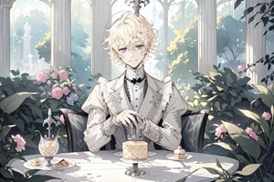 Official Art, Unity 8K Wallpaper, Extreme Detailed, Beautiful and Aesthetic, Masterpiece, Top Quality, perfect anatomy, MALE, (male:1.5), gentle expression, gentle smile 

light blonde haired male (light_blonde_hair:1.5), (short_curly_platinum_blonde_hair:1.5) long bangs with gray eyes (gray_eyes:1.5), black clothing, dark, elegant, victorian clothing, puffy sleeves, lace, ruffles, ribbon, tea party, garden party, garden, desserts, pastries, dessert tower, (dessert_tower:1.5), tea cups, silverware, silver dagger, (silver_dagger:1.5), cakes, flowers, colorful flowers, (colorful_flowers:1.3)

concept art, (best illustration), vivid colours, contrast, smooth, sharp focus, scenery, outside, sun_shining, sun, blue sky, greenhouse, lush garden, overgrown, outside in a garden, tea party, trees

masterpiece, midjourney, best quality, high detail eyes,More Detail,portrait,1guy,pastelbg,Add more details